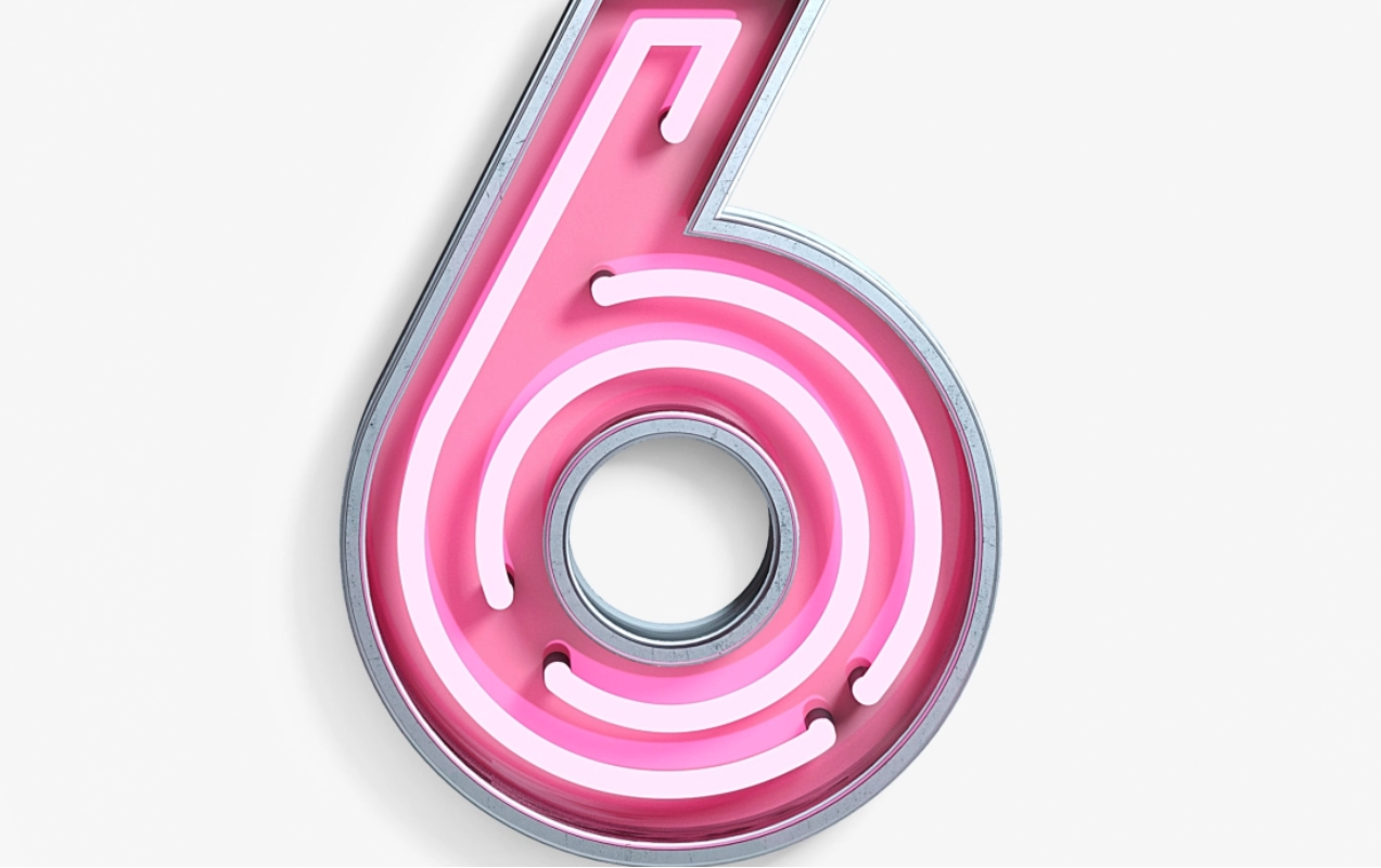 the number 6 in pink neon